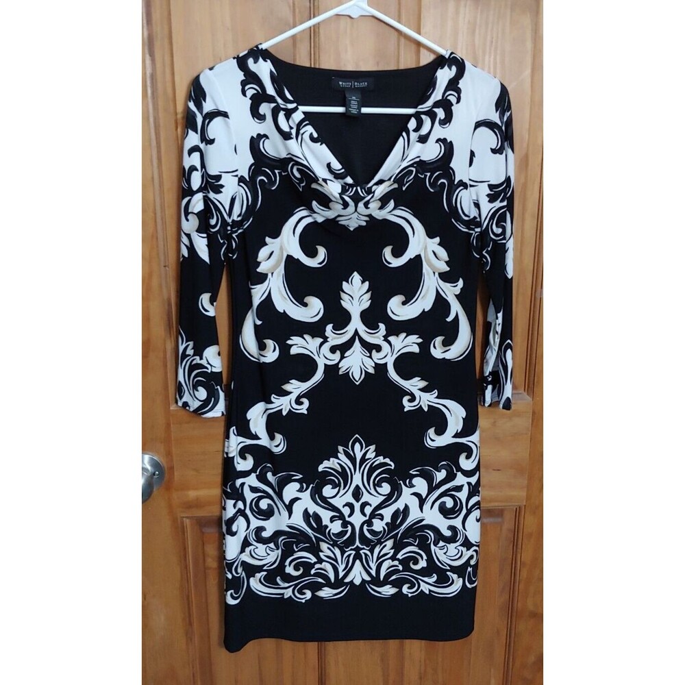 White House Black Market Dress XS Black White Geometric Tunic Top 3/4 Sleeves